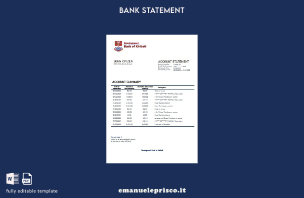 modello word di estratto conto bancario della Kiribati Development Bank of Kirib